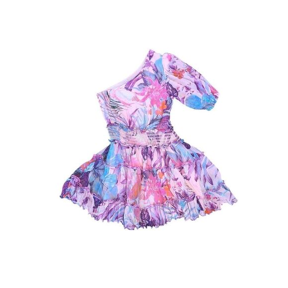 Rococo Sand Zazu One Shoulder Short Dress Smocked Waist Pink Purple Tropical XS - Picture 6 of 16